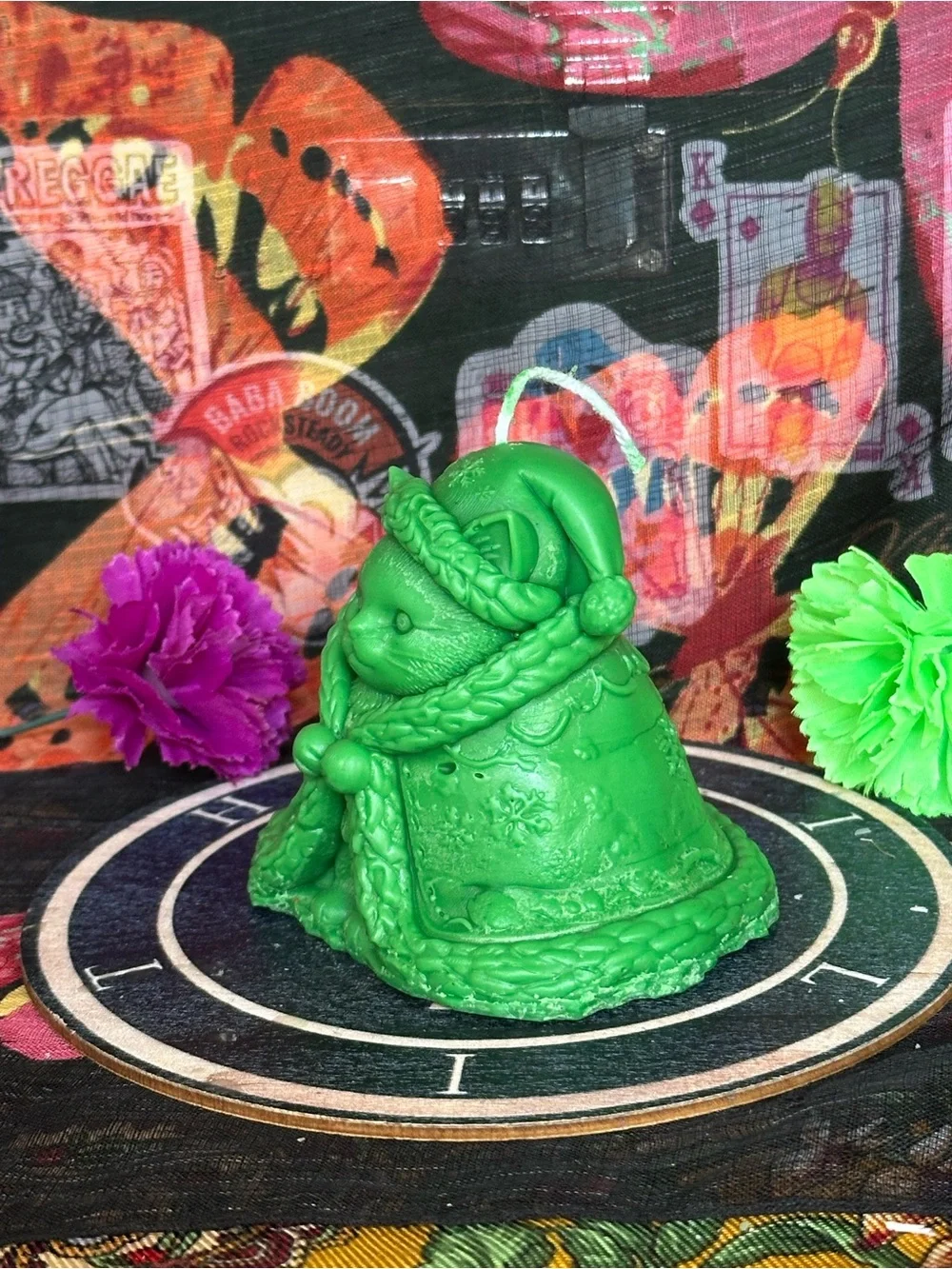 Handmade Green Winter Cat Candle – Cozy Cloaked Kitty